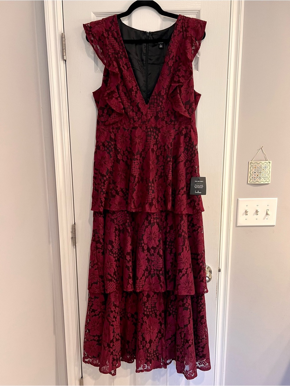 Lulu's NWT Wine Burgundy Lace Tiered  Maxi Dress Wedding Guest Event L Plunging